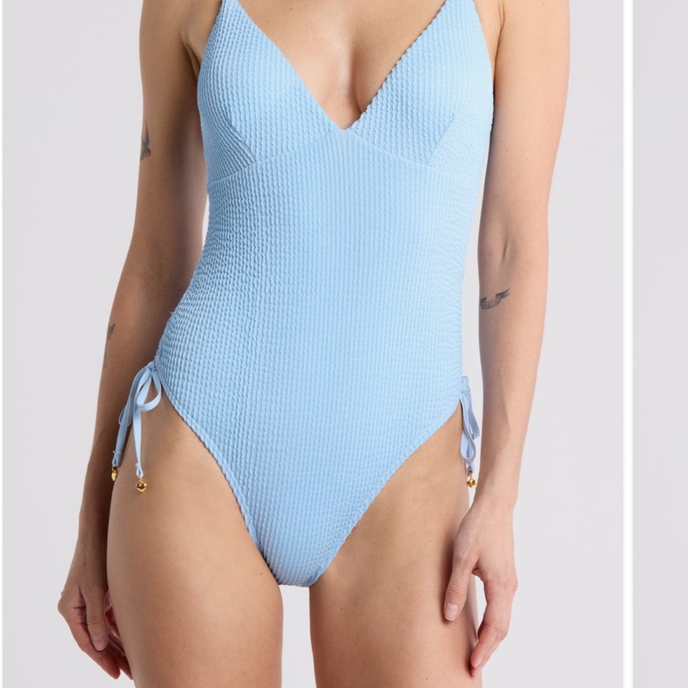 Betsey Johnson Sky Blue V-Neck One-Piece Swimsuit
